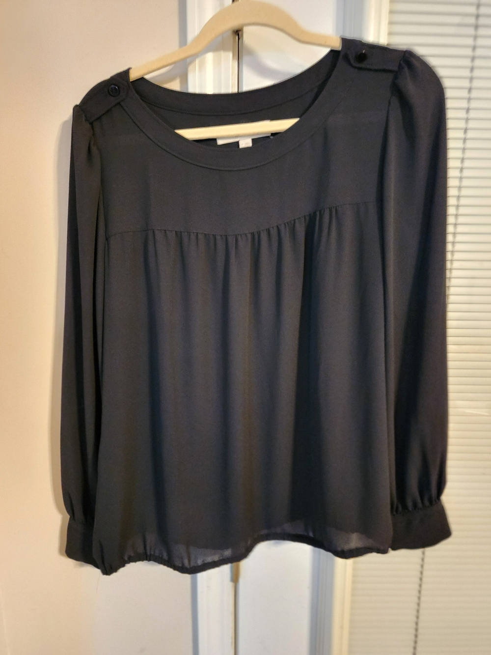 LOFT Charcoal Button-Shoulder Long-Sleeve Blouse